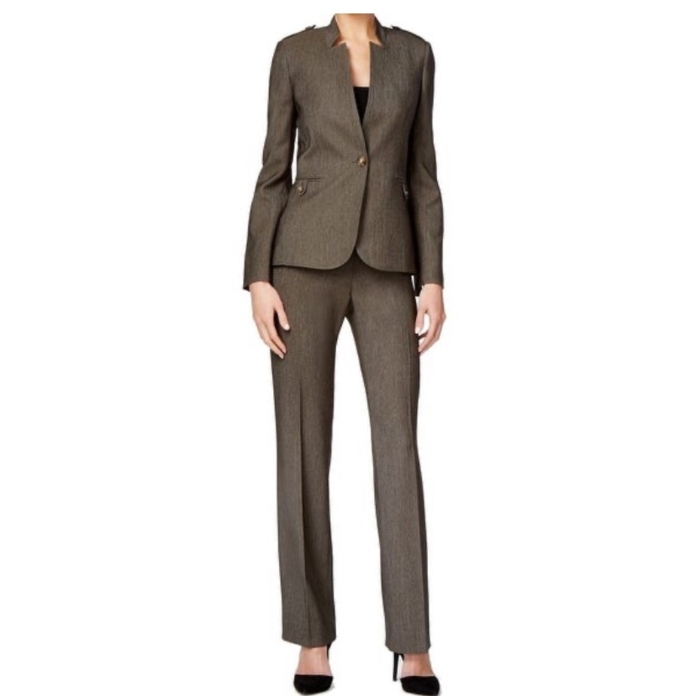 Tahari Solid Single Button Pant Suit Olive Green - Picture 16 of 16